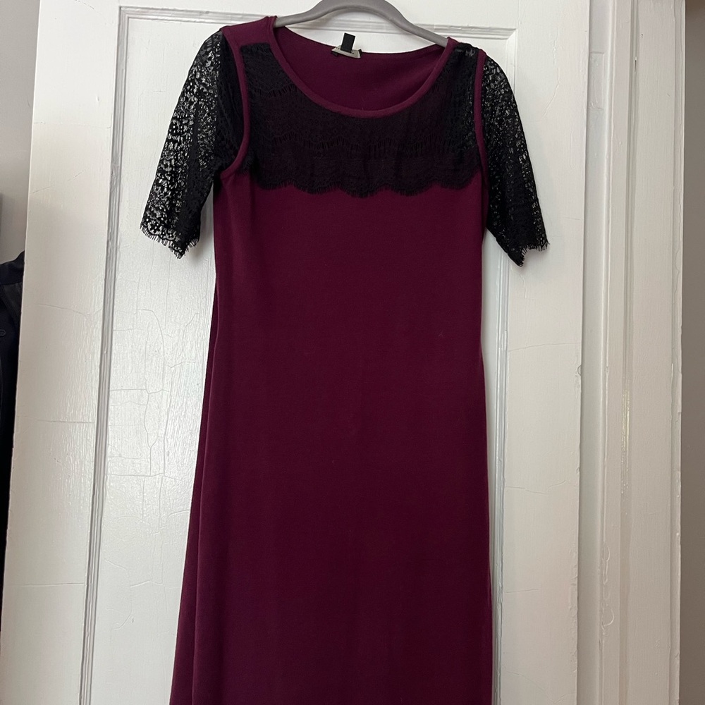 Ann Taylor Plum Dress with Black Lace Sleeves